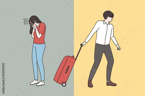 Decisive man with suitcase leave crying unhappy woman. Family separation. Husband with luggage breakup with upset desperate wife feeling depressed. Marriage dissolution. Vector illustration. 
