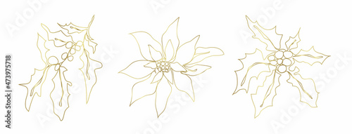 One line pattern of winter flowers. Modern art, a line of botanical flowers (poinsettia, holly, mistletoe) in gold. for print, postcard, poster, wall panels. vector isolated illustration of floral art