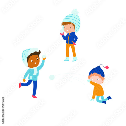 Kids have fun outside in winter. Boys playing snowball fight. Vector illustration. 