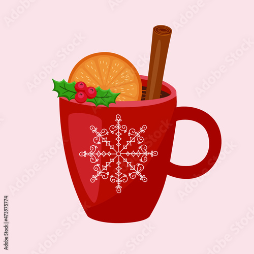 Hot drink with cinnamon stick, orange, and holly berry in Christmas cup. Vector illustration.