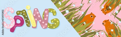 Spring. The inscription on a light background. Trendy trendy background. Groundhog Day horizontal banner. Spring meeting. Cute character marmot rodent