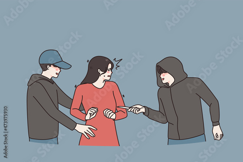 Couple male criminals attack threaten scared young woman in street. Men bandits or robbers pose threat on female encounter with knife. Harassment and violence. Robbery concept. Vector illustration. 