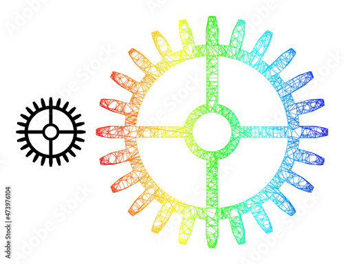 Net mesh clock gearwheel carcass icon with rainbow gradient. Vibrant carcass net clock gearwheel icon. Flat model created from clock gearwheel pictogram and intersected lines.