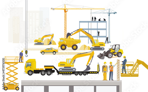 Baustelle mit Bagger, Handwerker und Baumaschinen, Illustration