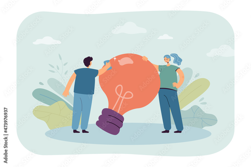 Male cartoon character polishing lightbulb. Colleague or friend improving new idea of woman flat vector illustration. Innovation, startup, teamwork concept for banner, website design or landing page Male cartoon character polishing lightbulb. Colleague or friend improving new idea of woman flat vector illustration. Innovation, startup, teamwork concept for banner, website design or landing page