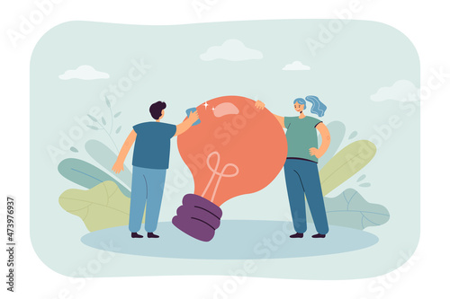 Male cartoon character polishing lightbulb. Colleague or friend improving new idea of woman flat vector illustration. Innovation, startup, teamwork concept for banner, website design or landing page