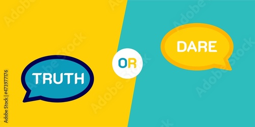 Truth or Dare. Flat stroke style trend modern logotype graphic design with speech bubble icon on blue and yellow color. For fun and happy quiz or challenge