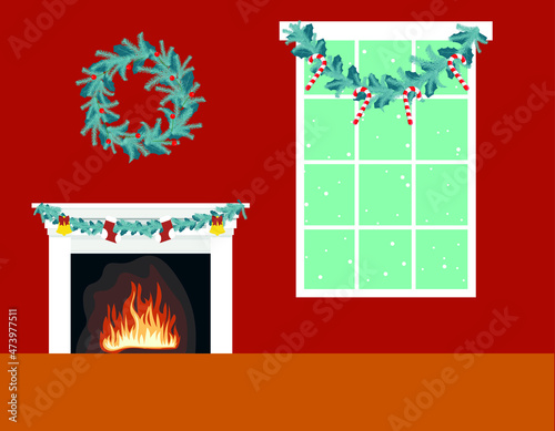 vector of christmas decorated room with fireplace. flat image of an interior with a wreath of pine branches and a garland over the fireplace.