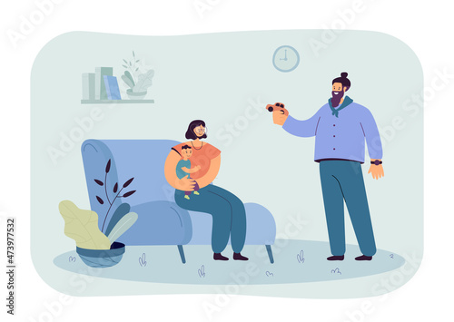 Happy family playing with toys together in living room. Mother sitting on sofa while holding baby, father with toy car flat vector illustration. Family, love, care concept for banner, website design