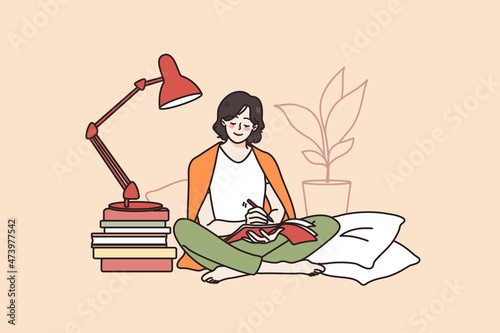 Happy millennial girl sit in bed write in notebook study distant at home. Smiling young woman handwrite take notes learn with books. Distant education and self-development. Flat vector illustration. 