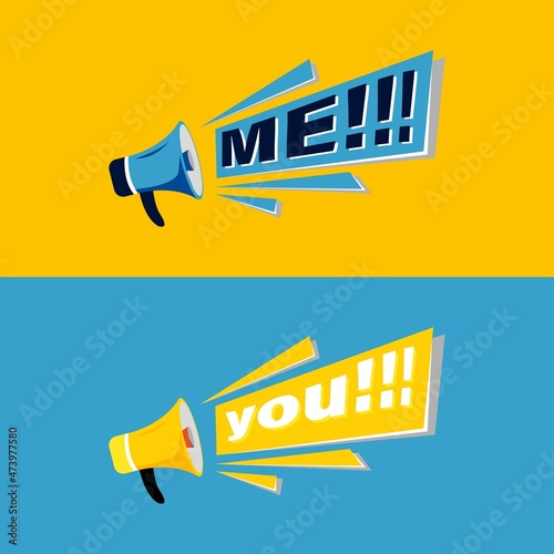 Me vs You. Flat stroke style trend modern logotype graphic design with megaphone and speech bubble icon on blue and yellow color. For fun and happy quiz or challenge
