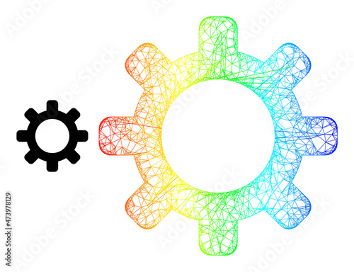 Net cog model icon with rainbow gradient. Colored carcass net cog icon. Flat frame created from cog icon and crossing lines.