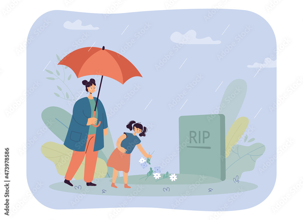Mother and daughter standing at headstone under umbrella in rain. Little girl putting flowers on grave flat vector illustration. Grief, death, family concept for banner, website design or landing page