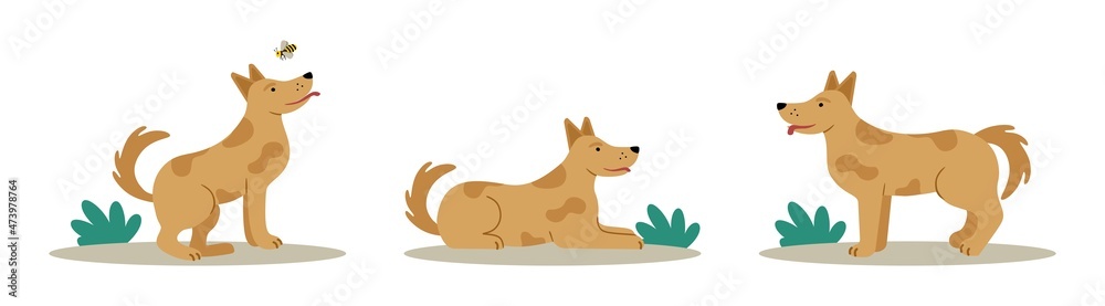The dog is a cute cheerful pet in different poses. Editable vector illustration