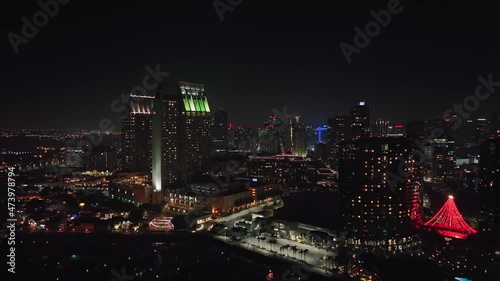 Wallpaper Mural San Diego, CA, nightscape. Marina district in downtown. aerial reveling buildings with lights on and neon Christmas decorations Torontodigital.ca