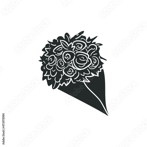 Bouquet Flowers Icon Silhouette Illustration. Romantic Floral Vector Graphic Pictogram Symbol Clip Art. Doodle Sketch Black Sign.