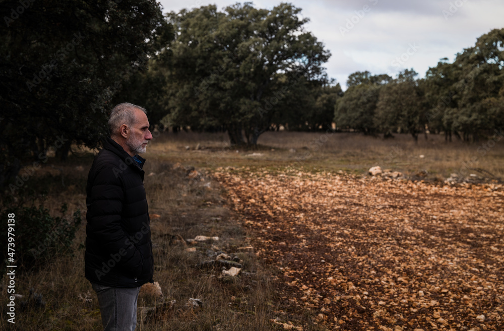 Fototapeta premium Adult man in winter clothes in rural area with trees