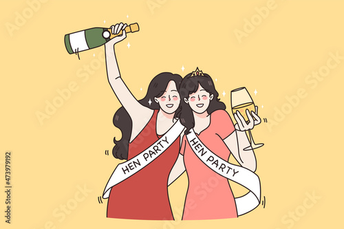 Smiling girlfriends drink champagne celebrate hen party together. Happy young women in dressed have fun at bachelorette celebration. Marriage and engagement. Bride to be. Flat vector illustration. 