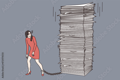 Stressed businesswoman tied by work burden, try to manage meet deadline. Woman employee or worker suffer from workload in office, have stack or paperwork or documents. Vector illustration. 