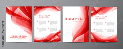Vector set of red wavy abstract covers, brochures, flyers, flowing silk. Dynamic.