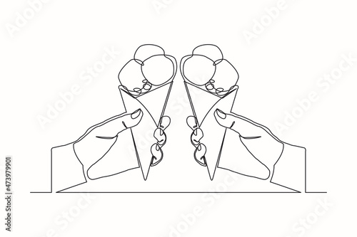 Continuous line drawing two hand hold and cheers delicious fresh of ice cream cone. Single one line art of two hand holding sweet ice cream gelato desert. Vector illustration