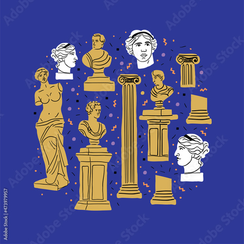 Circle illustration banner with various Antique statues. Heads of woman, philosophers. Mythical, ancient greek style. Classic statues in modern doodle style. All elements isolated, museum day banner
