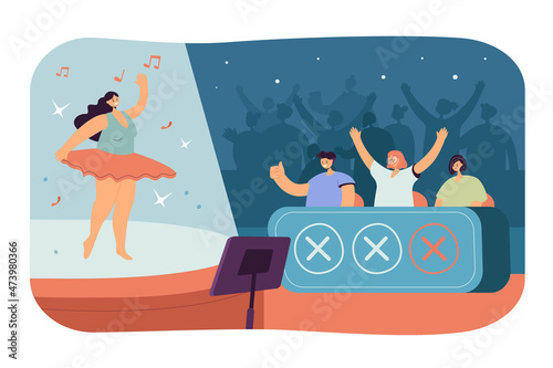 Dancer or ballerina performing in talent show. Judges and audience cheering for girl flat vector illustration. Competition, entertainment concept for banner, website design or landing web page