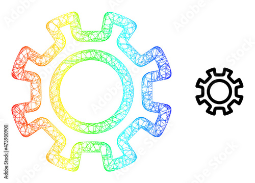 Net mesh contour gear carcass illustration with rainbow gradient. Bright carcass net contour gear icon. Flat carcass created from contour gear icon and crossing lines.