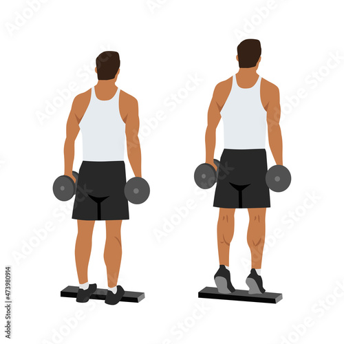 Man doing Standing dumbbell calf raises exercise. Flat vector illustration isolated on white background. Workout character set