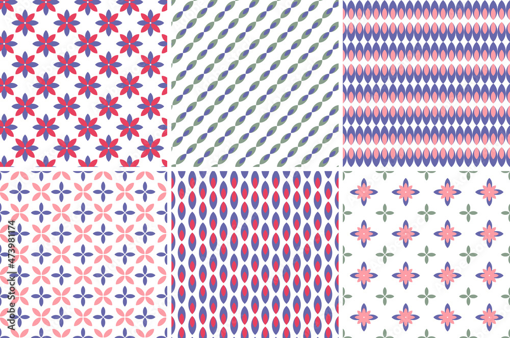 Floral and geometrical shaped seamless repeat pattern in pink and very peri lilac. Multicolored, vector abstract ornaments all over surface print collection on white backgrounds.