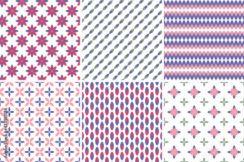Floral and geometrical shaped seamless repeat pattern in pink and very peri lilac. Multicolored, vector abstract ornaments all over surface print collection on white backgrounds.