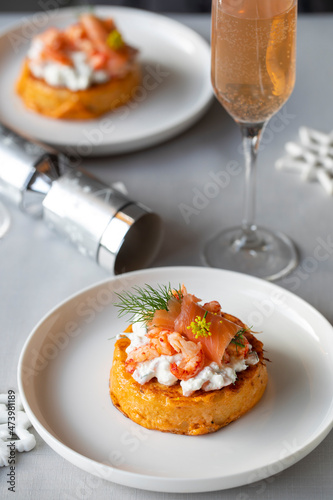Christmas day breakfast with crumpet french toast with salmon and crayfish