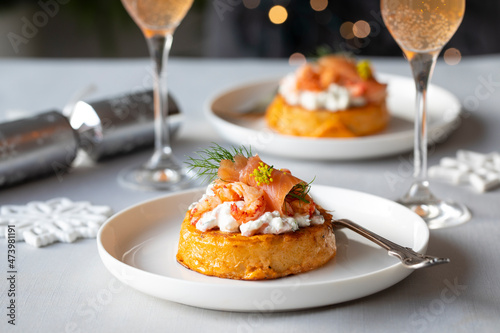 Christmas day breakfast with crumpet french toast with salmon and crayfish photo