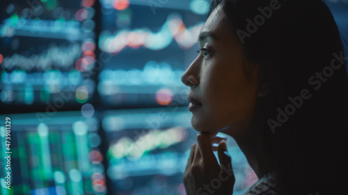 Tablou pe pânză Close Up Portrait of Financial Analyst Working on Computer with Multi-Monitor Workstation with Real-Time Stocks, Commodities and Exchange Market Charts