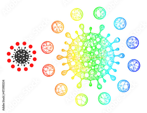 Network coronavirus red zone frame icon with rainbow gradient. Bright carcass mesh coronavirus red zone icon. Flat mesh created from coronavirus red zone icon and intersected lines.
