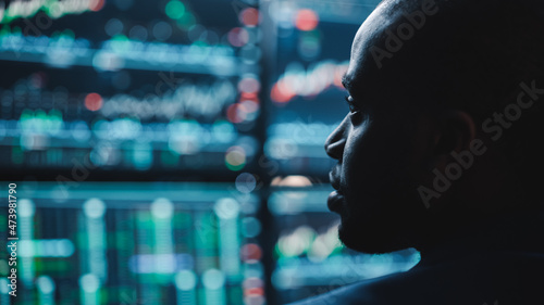 Quadro su tela Close Up Portrait of Financial Analyst Working on Computer with Multi-Monitor Workstation with Real-Time Stocks, Commodities and Exchange Market Charts