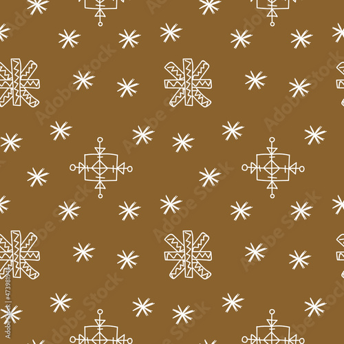Seamless vector pattern with white snowflake illustrations on a kraft background.Winter,Christmas hand drawn doodle style print.Designs for textiles,fabric,wrapping paper,packages,scrapbooking paper.