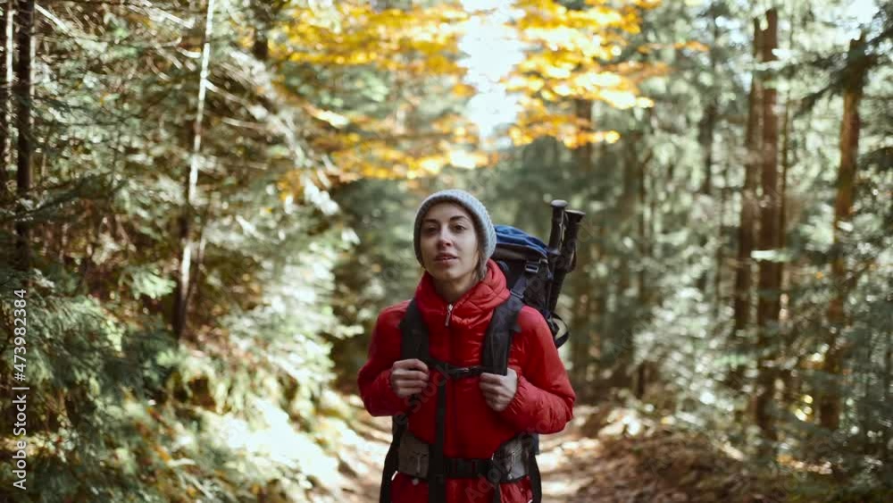 slow motion Woman hiker, attractive happy young woman in red insulated jacket with backpack hiking in green woods at cold sunny morning, adventure outdoor lifestyle slow motion Woman hiker, attractive happy young woman in red insulated jacket with backpack hiking in green woods at cold sunny morning, adventure outdoor lifestyle