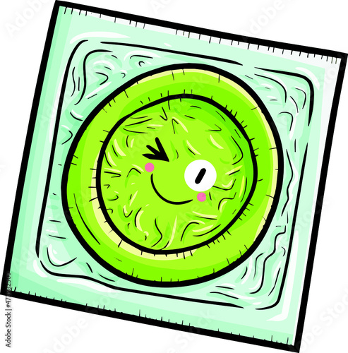 Cute green condom character smiling happily