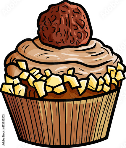 Yummy chocolate cupcake with peanut in cartoon style