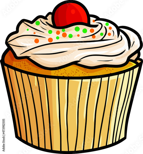 Yummy light brown cupcake with cherry on top