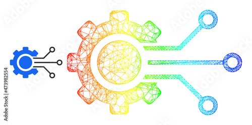 Net mesh digital sensor cog model icon with spectral gradient. Colored carcass net digital sensor cog icon. Flat mesh created from digital sensor cog icon and crossed lines.