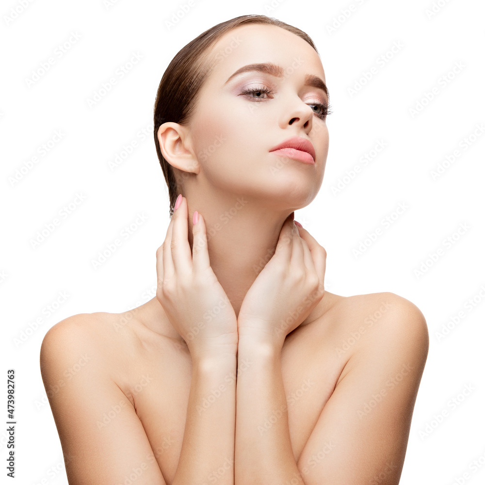 Beautiful Young Woman with Clean Fresh Skin isolated on white background Beautiful Young Woman with Clean Fresh Skin isolated on white background