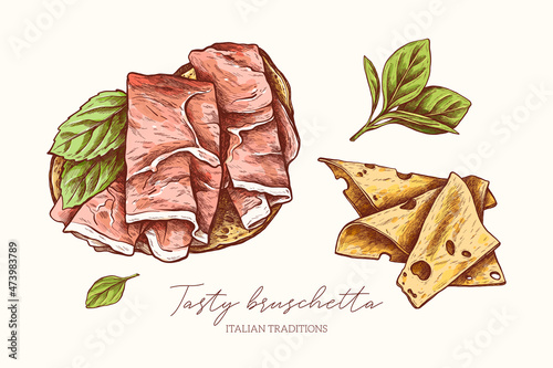 Tasty bruschetta with prosciutto, rosemary, basil, cherry tomato slice linear elements. Italian ingredients. Engraved illustration. Snack photo