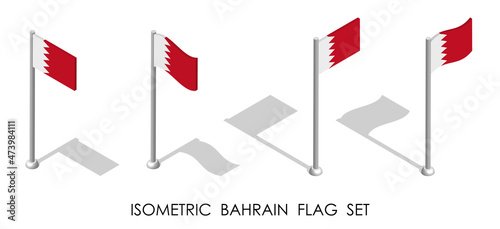 isometric flag of BAHRAIN in static position and in motion on flagpole. 3d vector