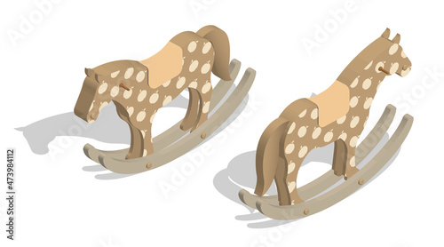 Fototapeta Naklejka Na Ścianę i Meble -  Isometric baby rocking horse. Wooden toy for children in kindergarten. Realistic 3D vector isolated on white background