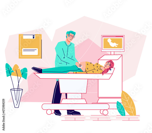 Pregnancy ultrasound screening exam with doctor examining a pregnant woman. Medical pregnancy test, flat cartoon vector illustration isolated on white background.