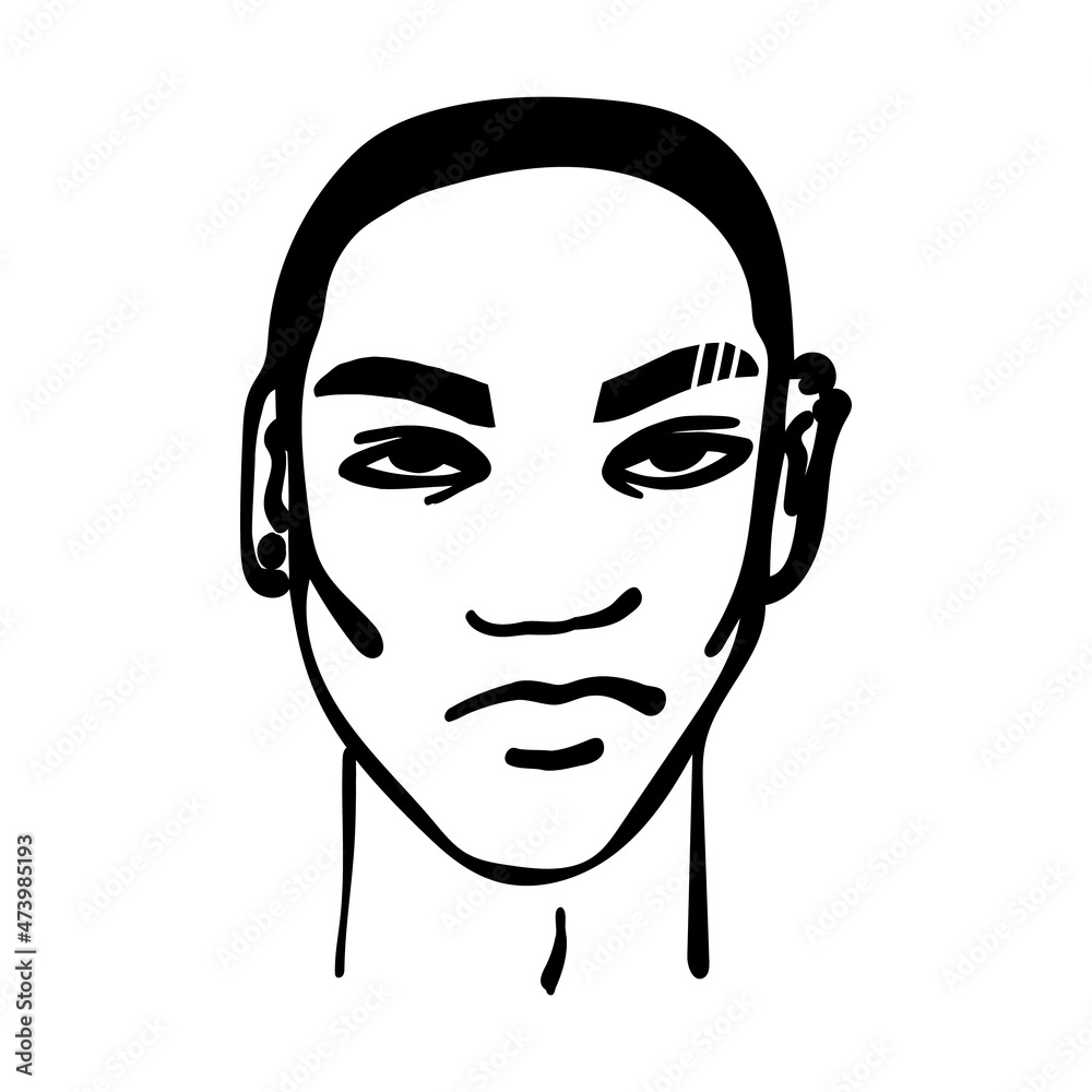 Contemporary African American young man's, teenager's with piercing and slits on eyebrows art portrait, line art guy