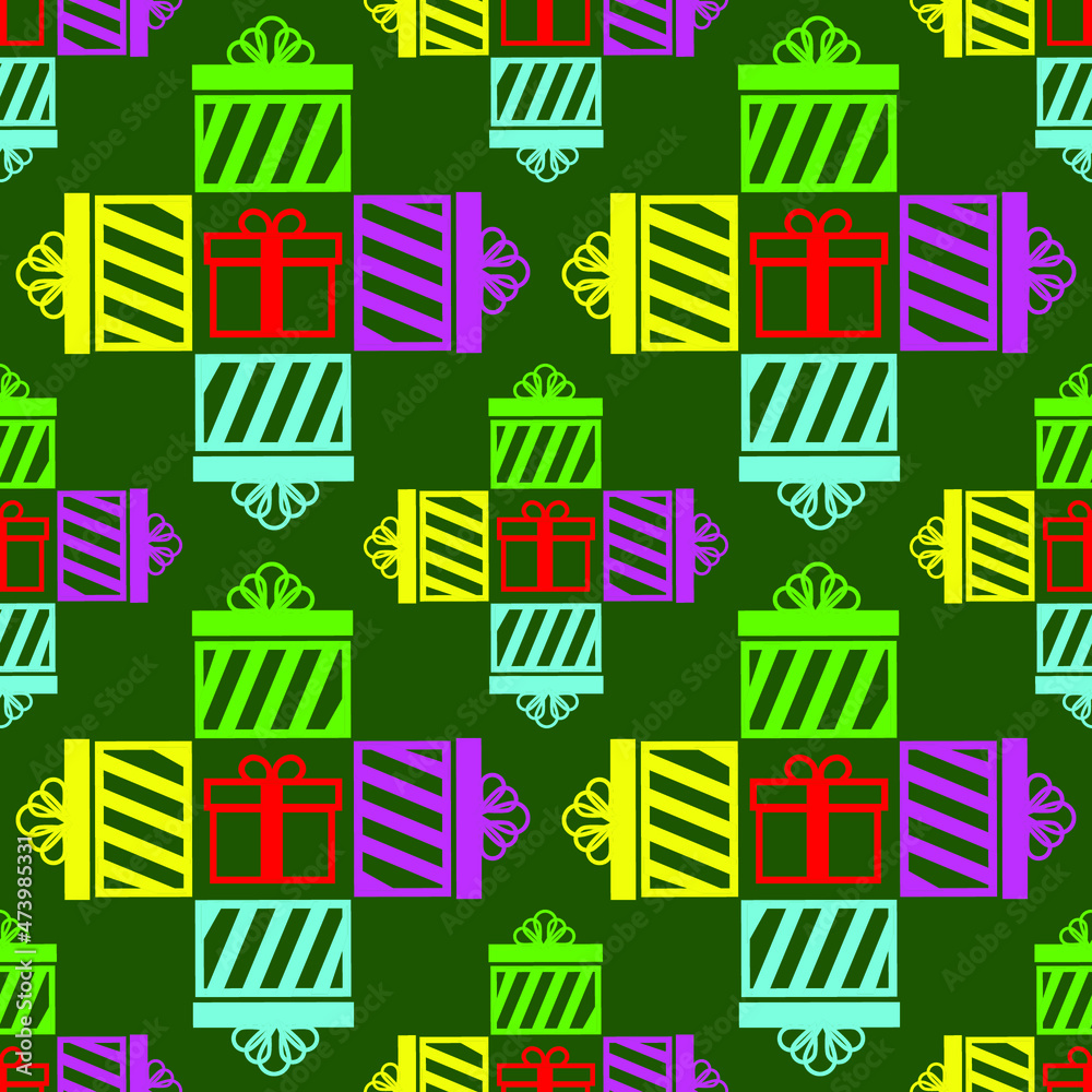 Multicolored gifts on a green background, flat texture for design, seamless pattern, vector illustration Multicolored gifts on a green background, flat texture for design, seamless pattern, vector illustration