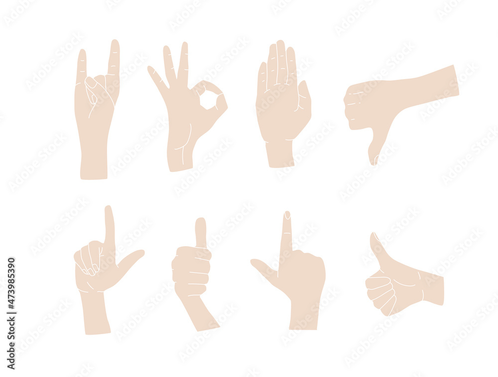 Gesture of hands. Colored hand gestures. Isolated flat vector. Gesture of hands. Colored hand gestures. Isolated flat vector.